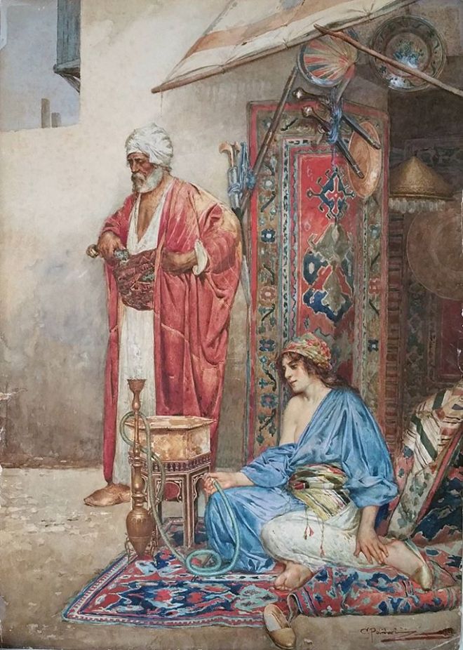 Artist: Carlo Polidori (19th century) Italian.  Title: An Arab merchant, with a lady seated beside 31.10" x 22.05" (79cm x 56cm) Created circle 1890 & signed lower right. Watercolor / Paper  Farhat Art Museum Collection.